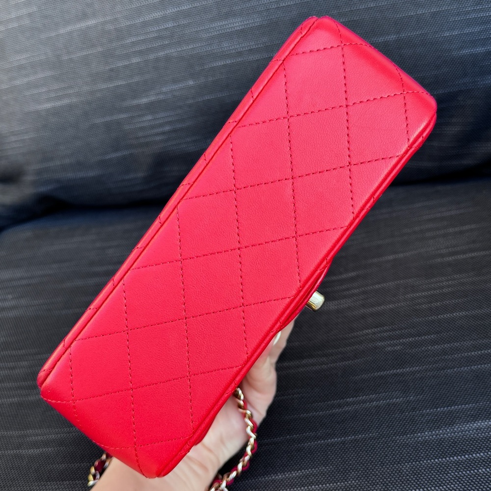 ❤️CHANEL❤️Mini Rectangular Top Handle Red Lambskin Flap Bag LGHW - Picture 7 of 14